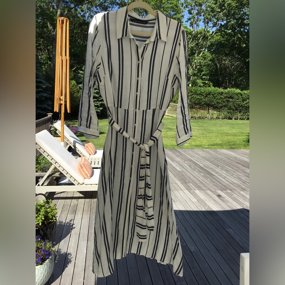 Zara Cream and Navy Striped Midi Shirt Dress (XL)